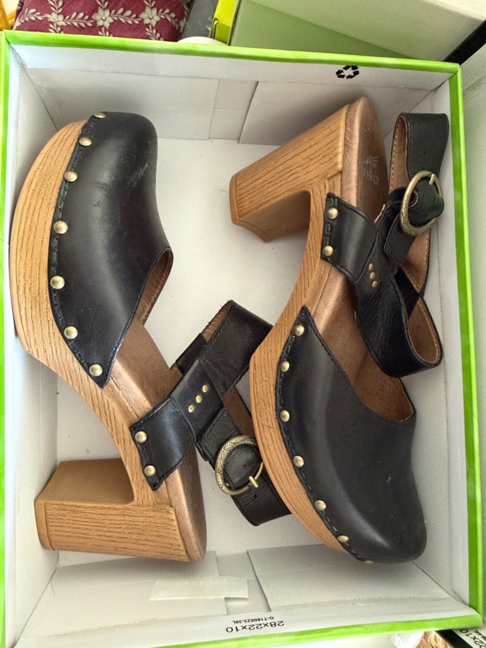 Dansko Black Leather Studded Wooden Heel Clogs